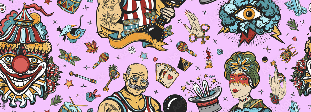 Circus. Clown, strong man with dumbbells, fortune teller woman, magic trick, rabbit in a magician hat. Traditional tattooing background. Old school tattoo seamless pattern