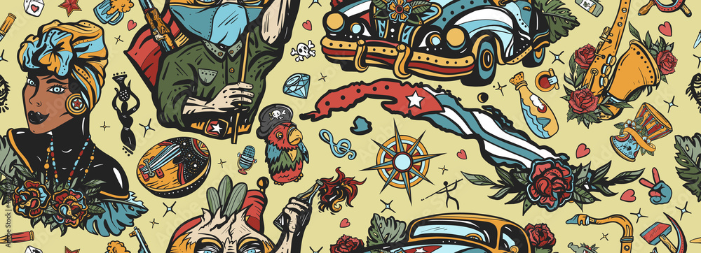 Cuba seamless pattern. Havana retro cars. History and culture, island