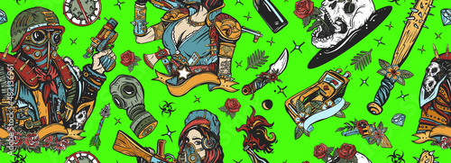 Post apocalypse. Doomsday girl and gun, end of world. Seamless pattern. Post apocalyptic man warrior, soldier woman. People, weapon of dark future. Nuclear war background