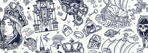 Fairy tales old school tattoo seamless pattern. Middle Ages magic legends art. Fantasy tattooing style background. Medieval castle, queen in the golden, crown, dragon, knight, sword and princess frog