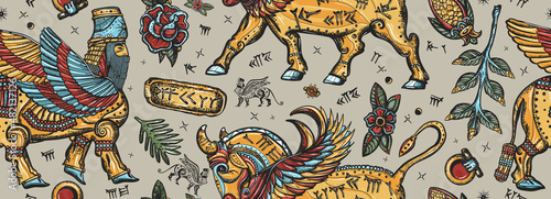 Ancient Sumerian Civilization. Old school tattoo style. Middle East history background. Vintage seamless pattern. Mesopotamian goddess. Assyrian culture. Gilgamesh legends