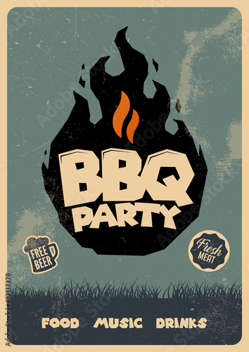 Barbecue party flyer or poster design template. BBQ event, retro typography.