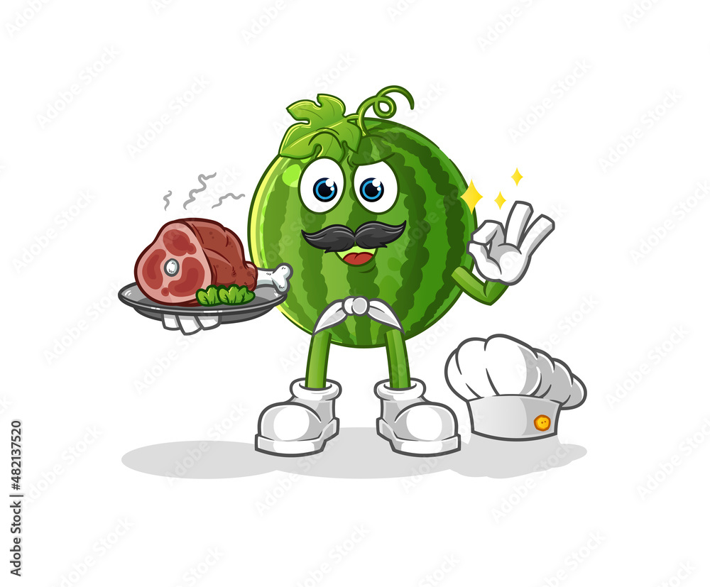 Obraz premium watermelon chef with meat mascot. cartoon vector