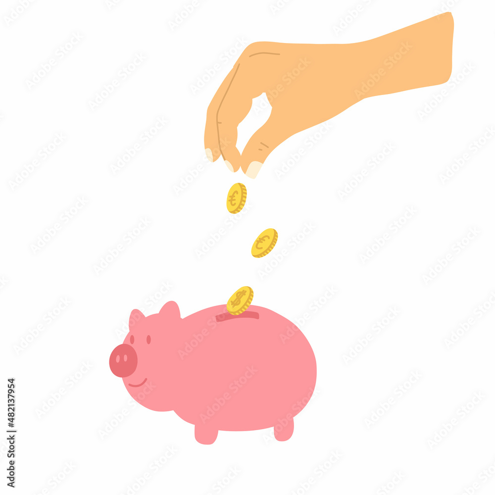 Piggy bank with gold coins in cartoon style. Vector illustration of money saving, economy, investment, banking concept. Profit, income, earnings, budget fund Piggy bank with gold coins in cartoon style. Vector illustration of money saving, economy, investment, banking concept. Profit, income, earnings, budget fund