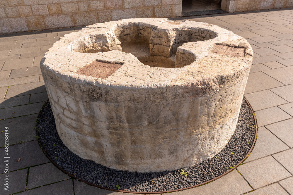 Stone carved Baptismal pool in front of at Tabgha or The Church of the Multiplication of the Loaves and Fishes also called Church of the Loaves and Fishes on the Sea of Galilee in Israel
Stone carved Baptismal pool in front of at Tabgha or The Church of the Multiplication of the Loaves and Fishes also called Church of the Loaves and Fishes on the Sea of Galilee in Israel