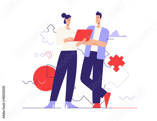 Vector outline illustration on the subject of management, finance solutions, optimization. Editable stroke