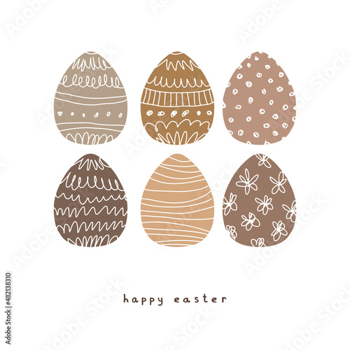 Cute Simple Easter Holidays Vector Illustration with Brown Eggs with White Pattern made of Scribbles Isolated on a White Background ideal for Card. Hand Drawn Eggs and Handwritten Happy Easter.