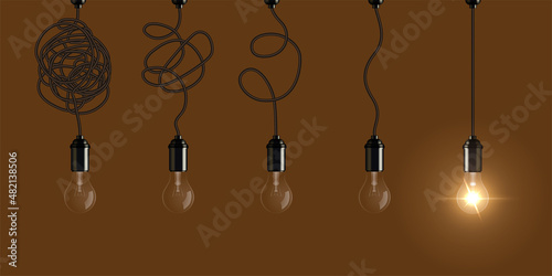 Complex, easy process of solving difficult problem, electric lamp with or without light photo