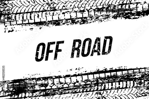 Tire tracks, grunge car or motorcycle wheel texture, off road text, tyre tread pattern