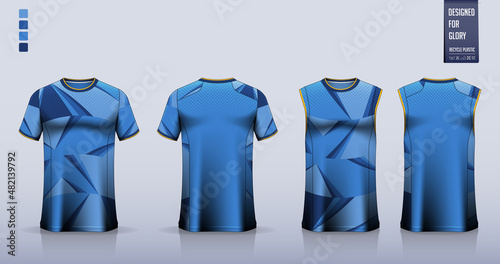 Blue t-shirt sport, Soccer jersey, football kit, basketball uniform, tank top, and running singlet mockup. Fabric pattern design. Vector.