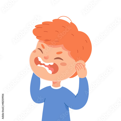 Sad kid covering ears with fingers and hands, unhappy boy standing and ignoring noise