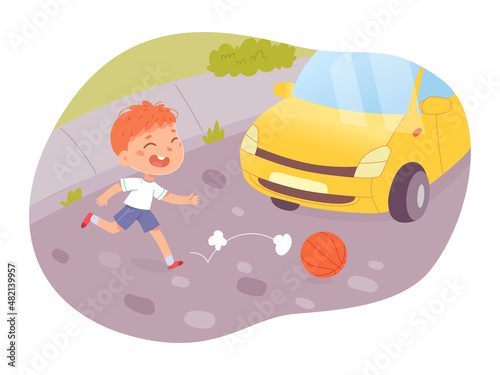 Kid playing with ball on road, accident scene with pedestrian, boy moving in front of car