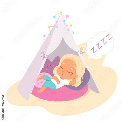 Cute child lying in homemade teepee to sleep, baby falling asleep after playing games