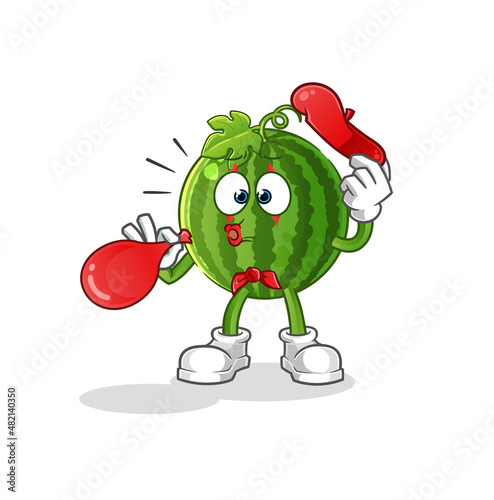 watermelon pantomime blowing balloon. cartoon mascot vector