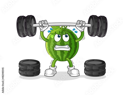 watermelon lifting the barbell character. cartoon mascot vector