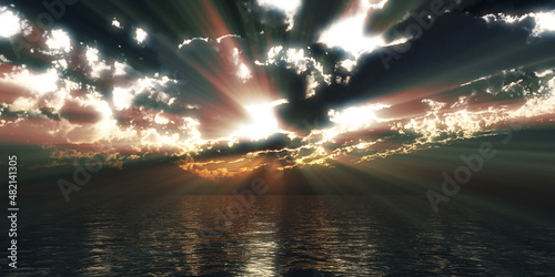 Fototapeta Naklejka Na Ścianę i Meble -  sunset sea sun ray clouds, 3d rendering