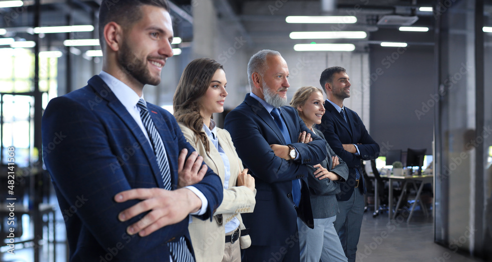 Obraz premium Happy smiling business team standing in a row at office.