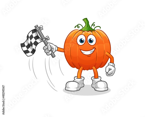 pumpkin hold finish flag. cartoon mascot vector