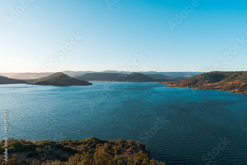 Natural landscapes of lake and mountains of the Lac du Salagou, Hérault, France