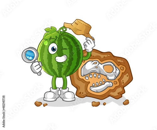 watermelon archaeologists with fossils mascot. cartoon vector