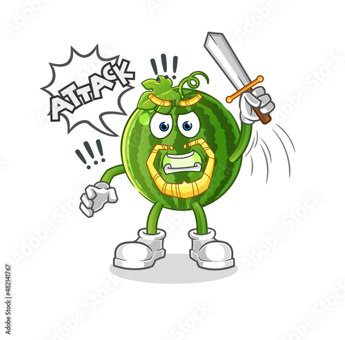 watermelon knights attack with sword. cartoon mascot vector