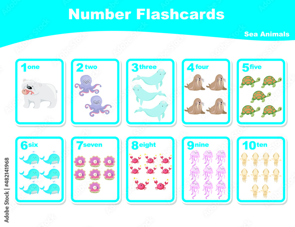 Cute number flashcards with sea animals set. English counting 1 to ten. Worksheet for learning English. Educational activity for preschool kids. Preschool Education. Vector illustration. Cute number flashcards with sea animals set. English counting 1 to ten. Worksheet for learning English. Educational activity for preschool kids. Preschool Education. Vector illustration.