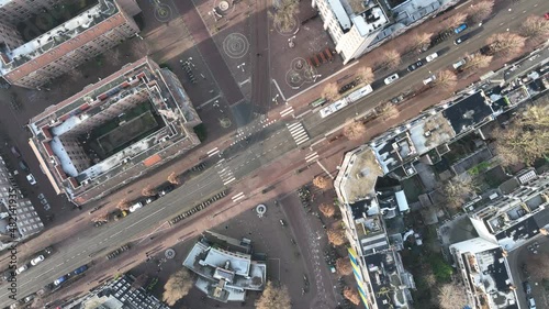 Aerial footage of the Indische Buurt in Stadsdeel Amsterdam Oost. Urban residential area with retail estate and appartments on a winter day. photo