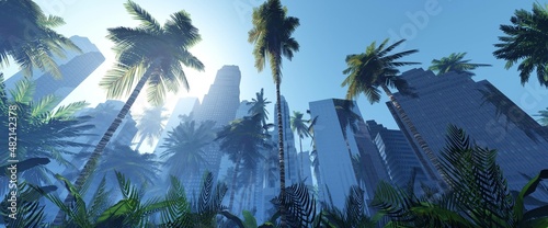 Skyscrapers and palm trees, high-rise buildings in the jungle, skyscrapers at dawn among palm trees, 3d rendering