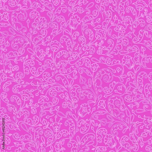 Pacific pink. Ornate  floral  folklore  contour ornament. Seamless Pattern. 