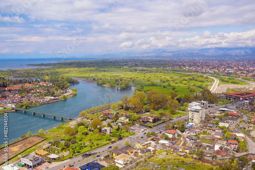 Albania. View of  Buna river, Shkoder city and Shkodra Lake on sunny spring day photo