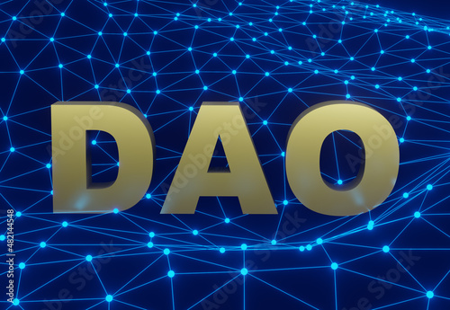 DAO network on blue background 3D rendering. Decentralized Autonomous Organization. Blockchain technology