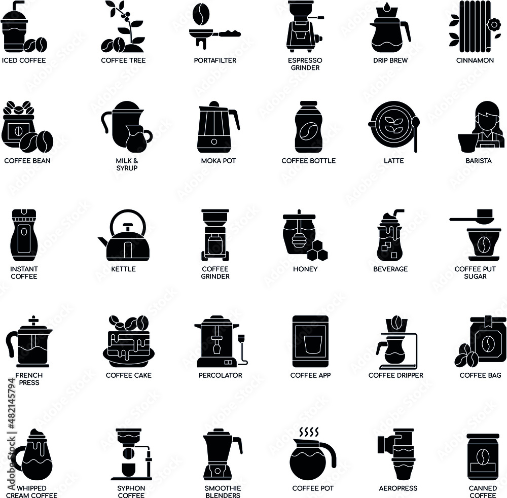 Coffee fill elements black and white flat vector icon collection set Coffee fill elements black and white flat vector icon collection set
