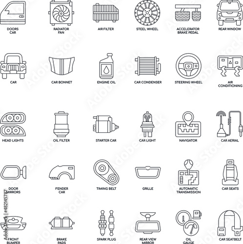 Car Parts outline flat vector icon collection set