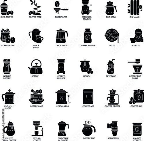 Coffee fill elements black and white flat vector icon collection set