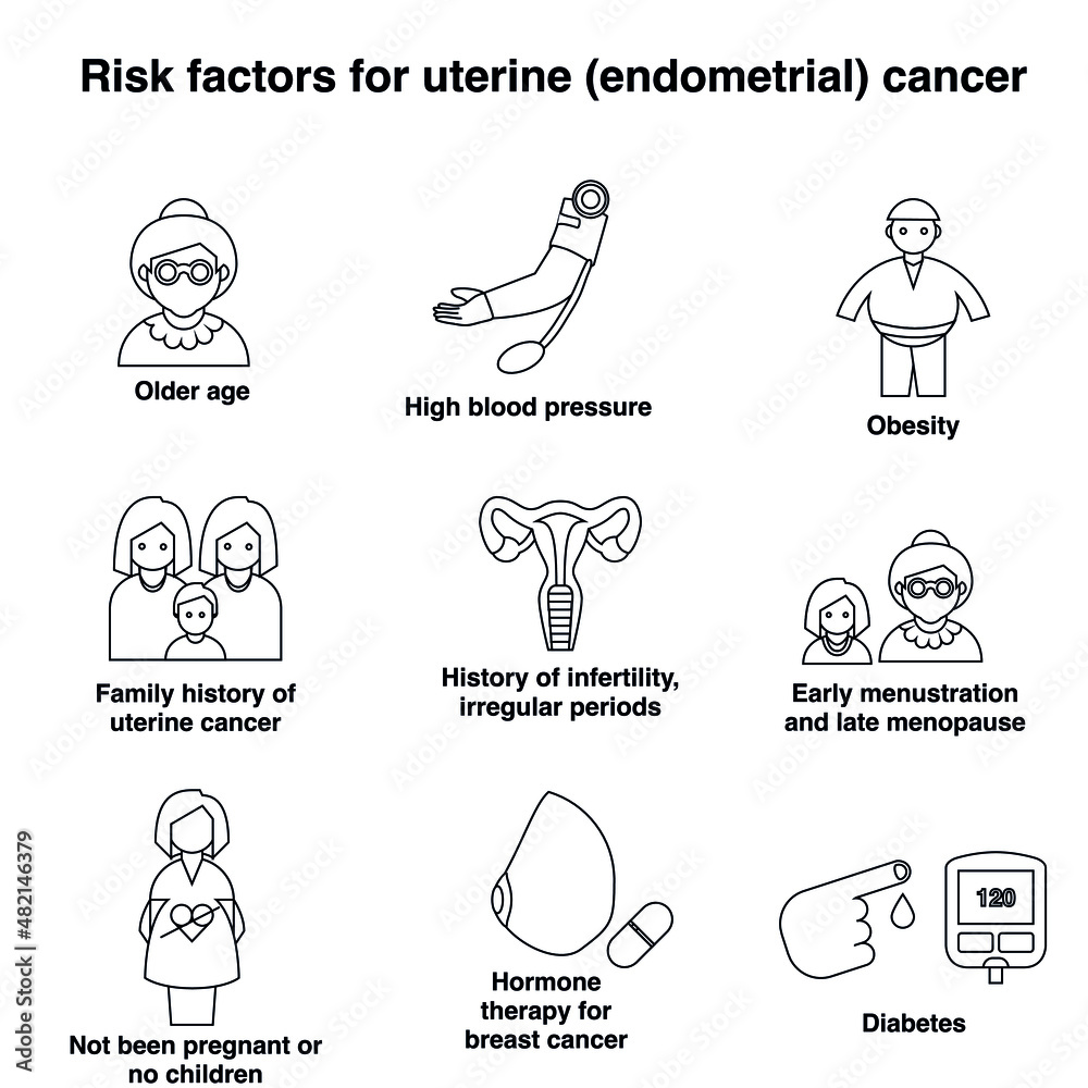 Risk factors of uterine endometrial cancer outline flat vector icon ...