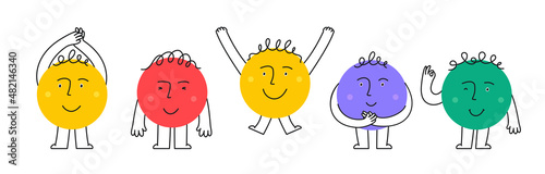 Set of cute colorful characters with facial expressions. Cartoon faces circles with arms and legs.