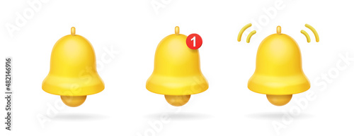 Notification bell icons. Yellow golden alert bell. ringing bell 3d reminder vector
