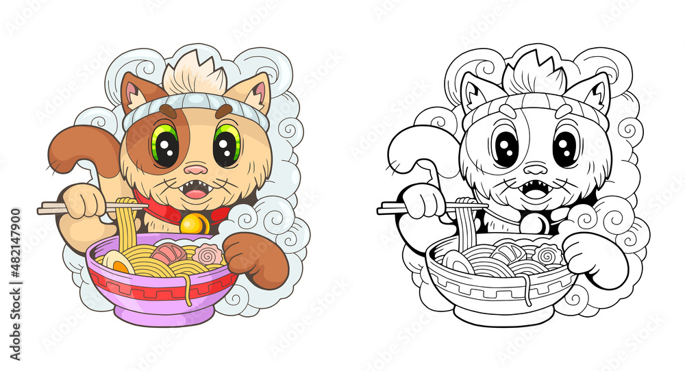 cartoon cute cat with ramen noodles, funny illustration Stock