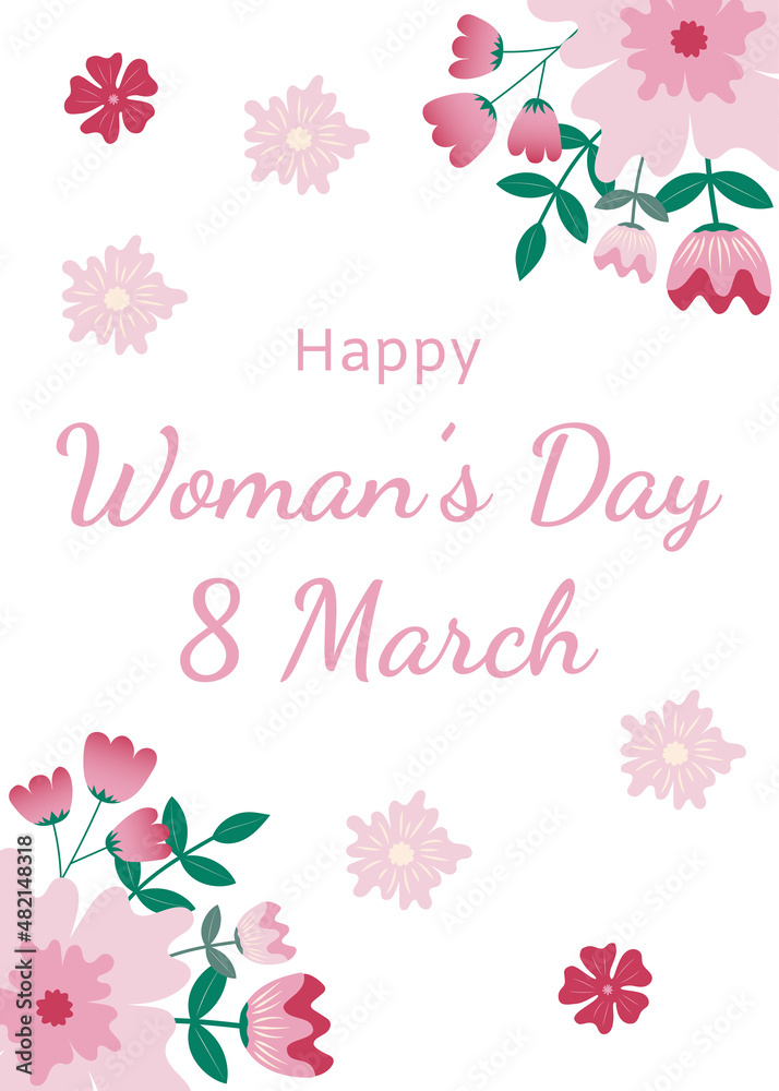 8 March you greeting card – Happy women day, with floral ornament on white background