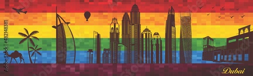 Dubai on LGBT flag background - illustration, Town in Rainbow background, Vector city skyline silhouette