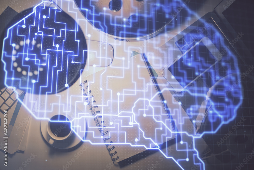 Double exposure of brain sketch and table top veiw. Concept of data analysis. Double exposure of brain sketch and table top veiw. Concept of data analysis.