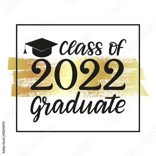 Class of 2022 congrats concept design. Graduate congratulation poster decorated by gold ribbon and academic cap. Graduation design for the yearbook. 