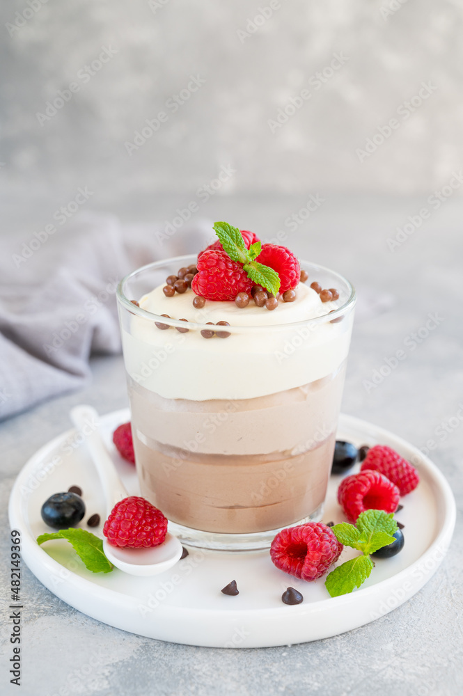 Dessert three chocolate in a glass jar with fresh blueberries, raspberries and blackberries on top on a gray concrete background. Dessert with three layers of different taste. Copy space. Dessert three chocolate in a glass jar with fresh blueberries, raspberries and blackberries on top on a gray concrete background. Dessert with three layers of different taste. Copy space.