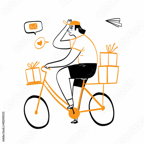 Happy man riding a bicycle carrying gift boxes love and miss concept