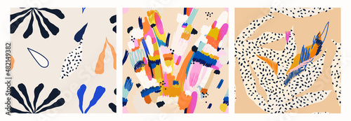 Modern trendy artistic colorful pattern set. Hand drawn abstract illustrations. Creative collage seamless patterns. 