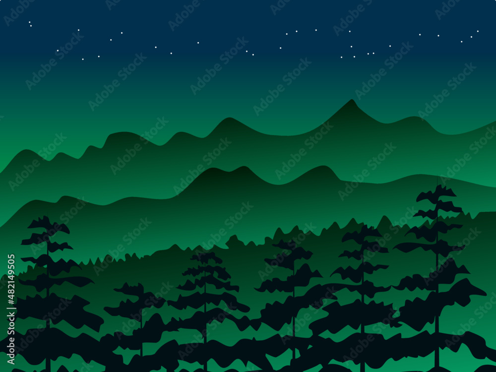 mountain forest view and starry night sky