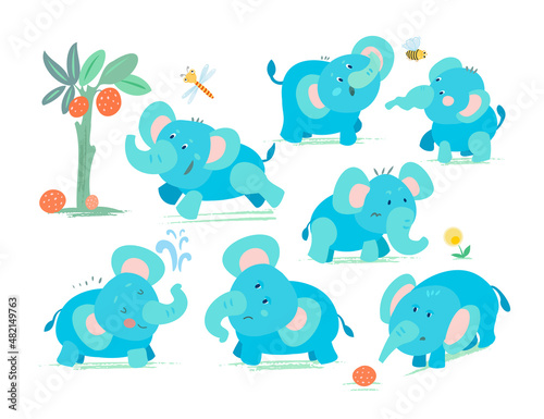 Set of elephants with different emotions and poses. African animals in cartoon style for design. Vector illustrations  full color.