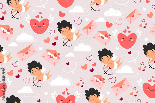 Cute Endless Pattern with Cupid, clouds and hearts. Pattern for Valentine's Day. Vector illustration.