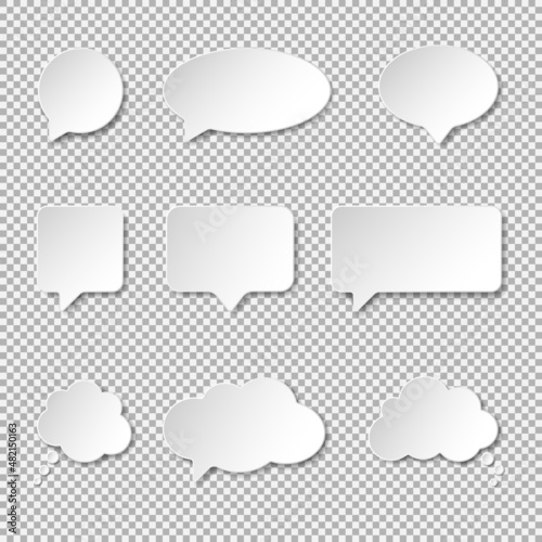 Vector speech bubbles paper cut collection. White volume elements with shadows underneath on transparent background. Volumetric, trendy design. Best for polygraphy, print and web. 