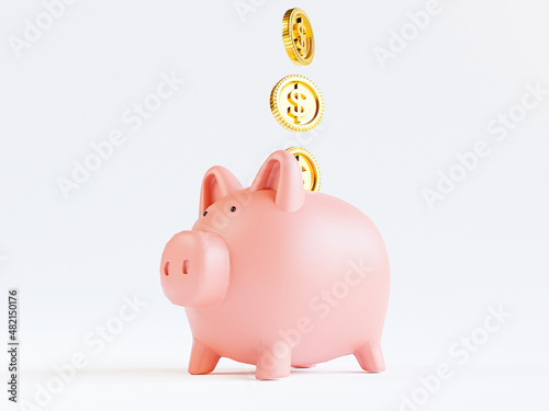 Golden coins putting to pink pink piggy save money on white background for deposit and financial saving growth concept by 3d render.